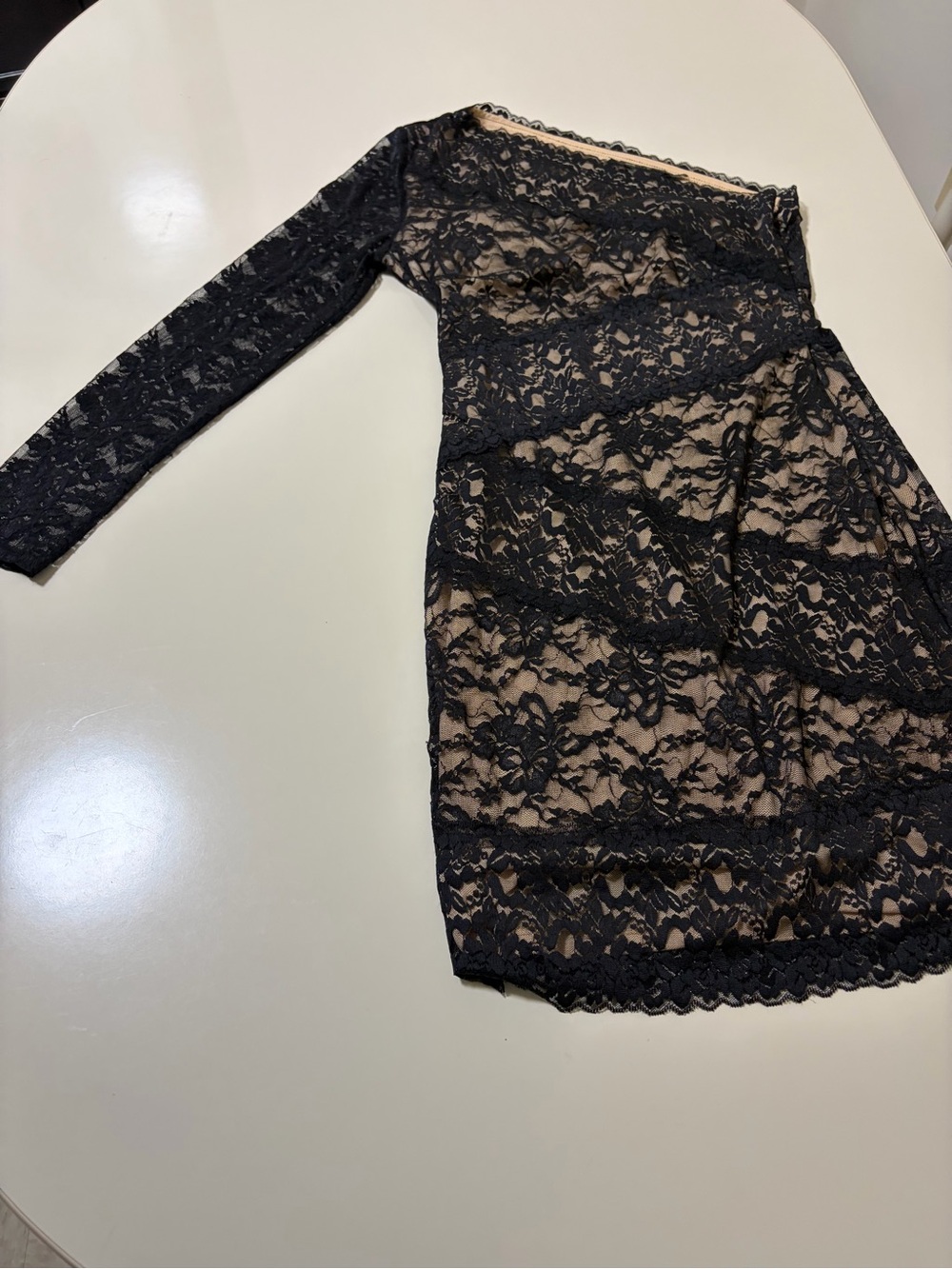 Ark & Co Black Lace Asymmetrical One-Shoulder Cocktail Dress with Nude Lining.
